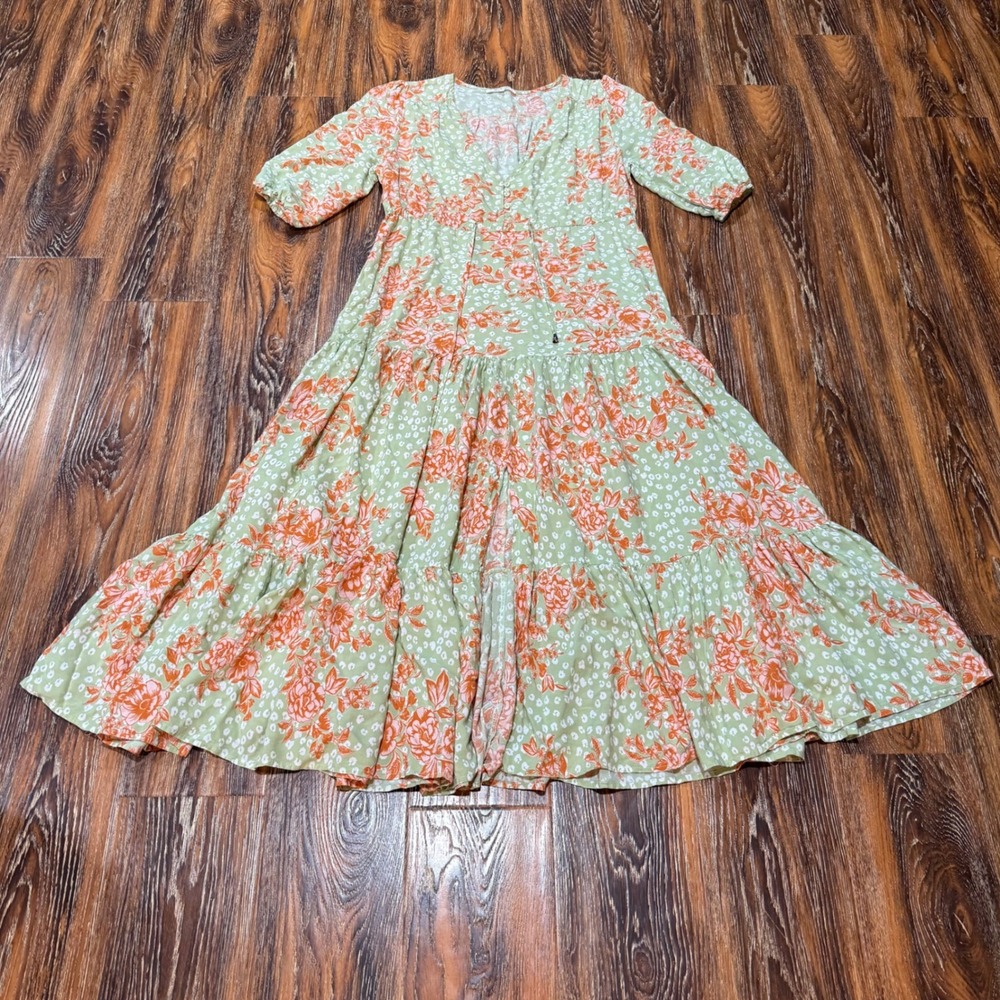 Abel The Label Size M Maxi Dress Womens Green Orange Floral Tiered Boho V-Neck